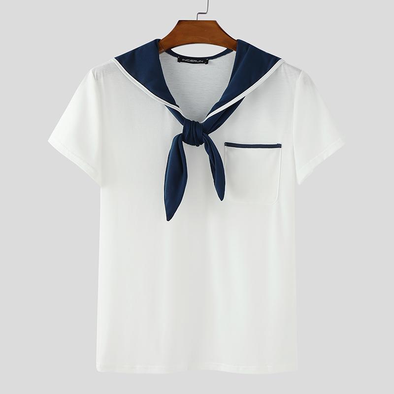 

INCERUN Мужские летние футболки оверсайз с коротким рукавом, с морским воротником и декоративной строчкой, в стиле кэжуал 4XL белый