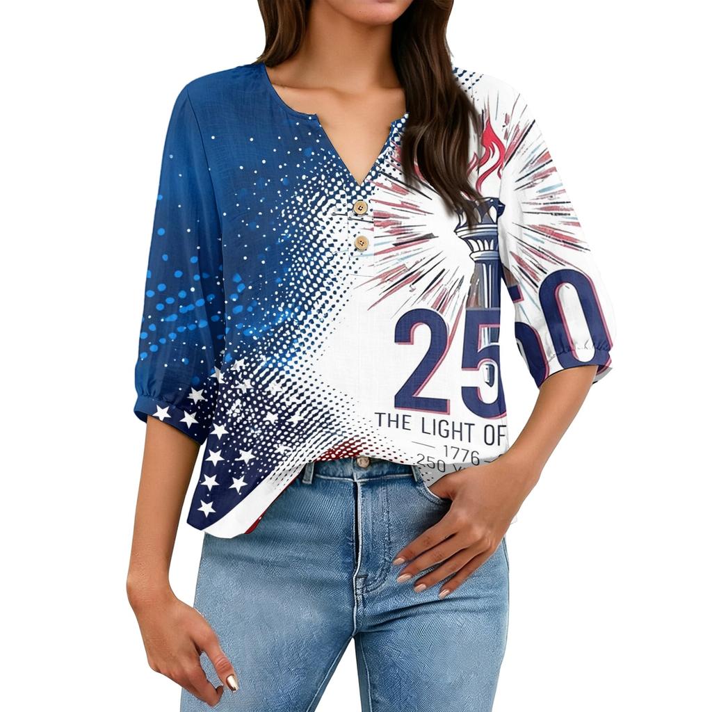 Women's Casual Henley Button Neck Shirt Three Quarter Sleeve Cotton Linen Blend Independence Day Print Top