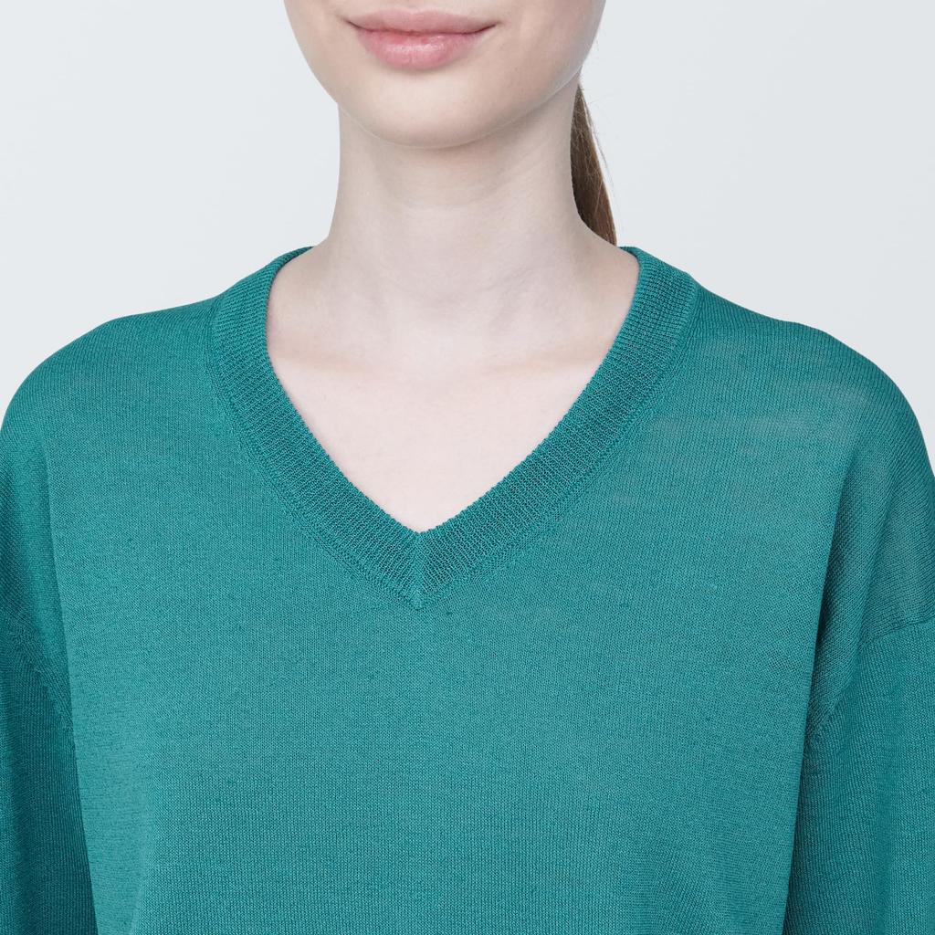 MUJI Hemp Blend Dark Size BA1OHA4S Women's UV-Cut V-Neck Sweater, Green, XL,