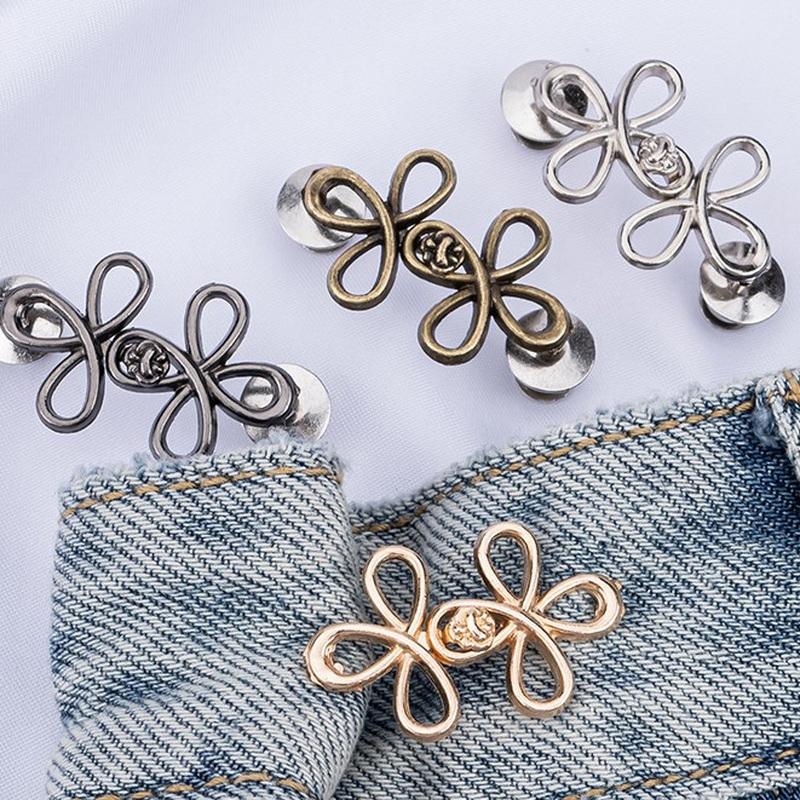 2Pcs Adjustable Metal Jeans Buttons - Tighteners For Loose Denim, Instant No-Sew For Denim Trousers Clover Waist Button Fastener