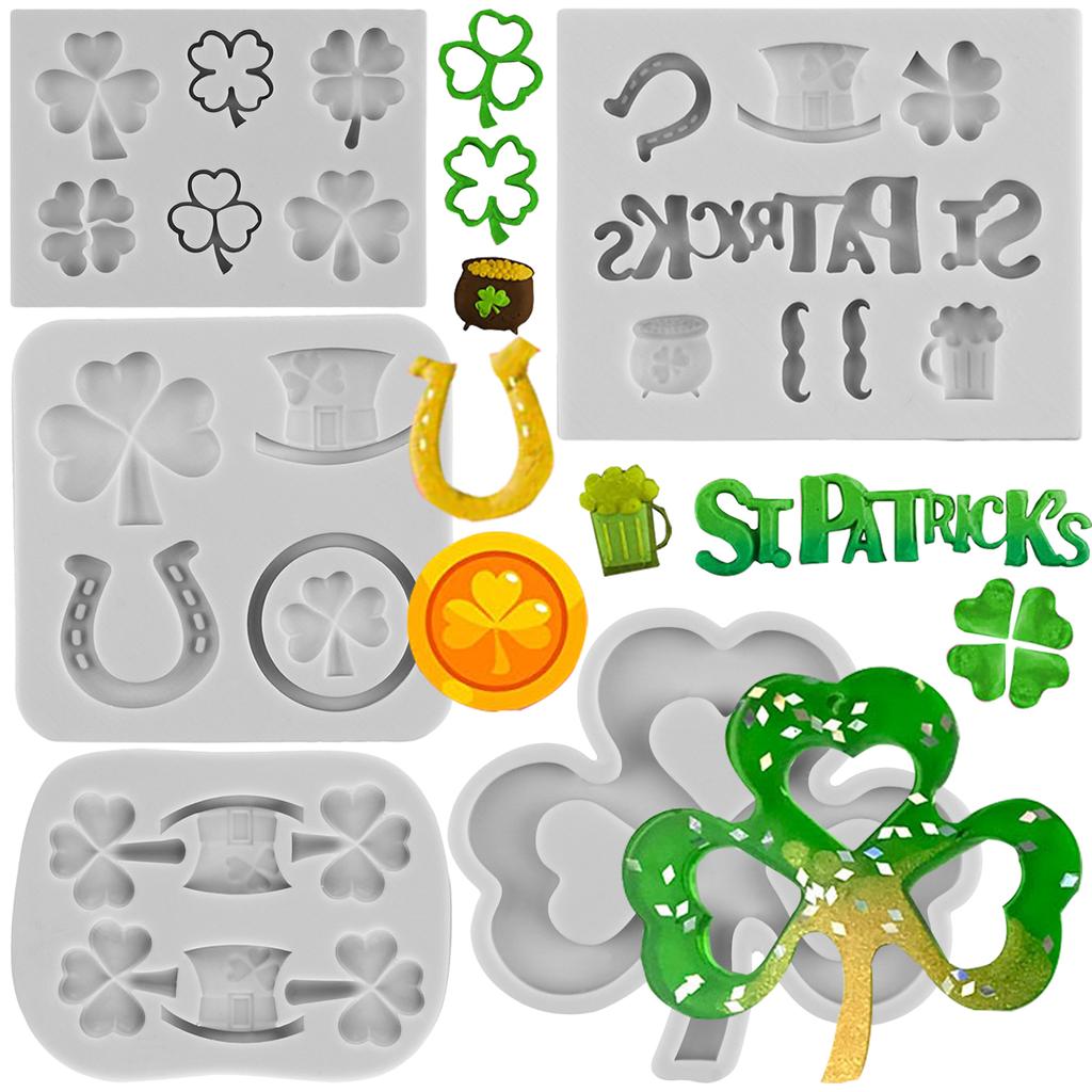St. Patrick's Day Fondant Mould Shamrock Silicone Moulds Four Leaf Clover Hat Horse Shoes Mould Cake Decorating Candy Chocolate Gumpaste Polymer Clay