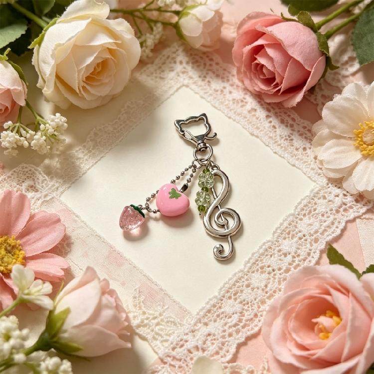 Elegant Strawberry Music Symbol Keyring Craft From Alloy Materials