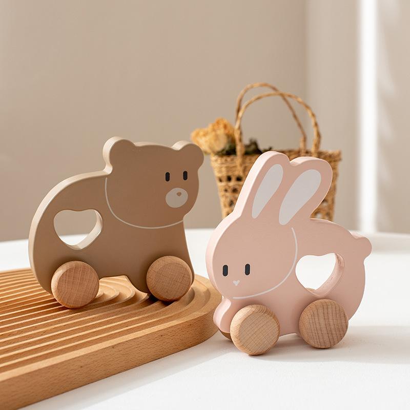 Baby appease cartoon animal car inertia pull back car simulation wooden car model sliding toy