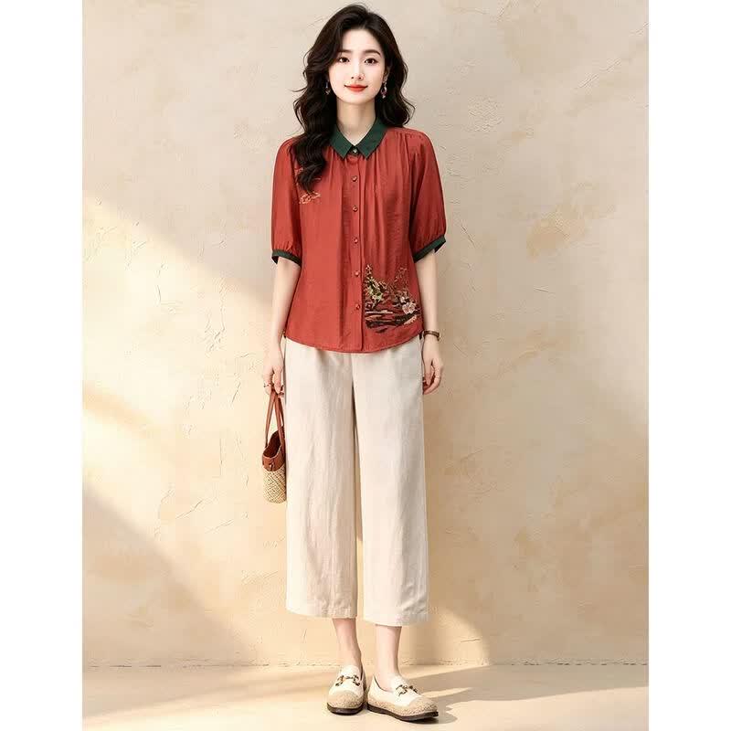 D.F.DEAR Women's New Chinese Style Embroidered Shirt & Capri Set