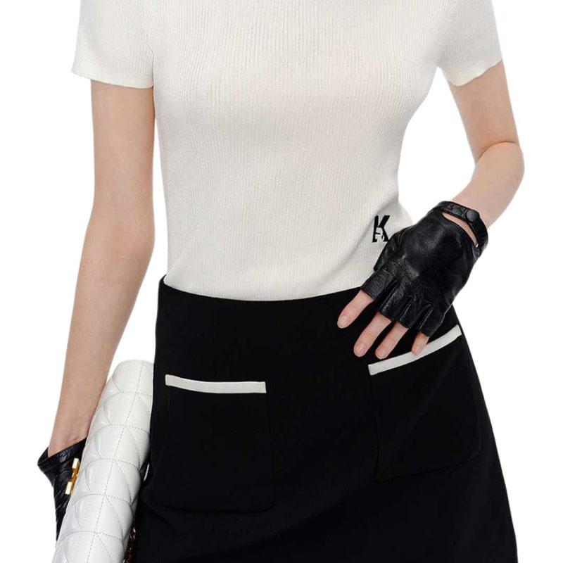 Karl Lagerfeld French Elegant Daily Commuting Dating Outfit Light Luxury Solid Color Round Neck Short Sleeve Knit Top Women Tops Off-white M21L2339