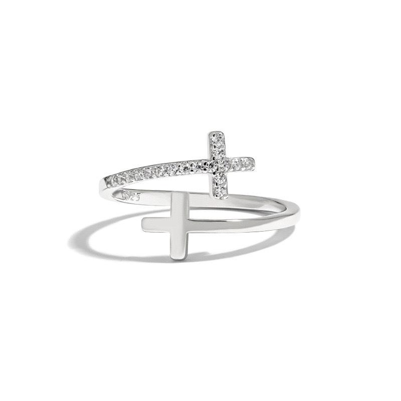 S925 Sterling Silver Double Cross Open Ring: Trendy European & American Fashion for Women