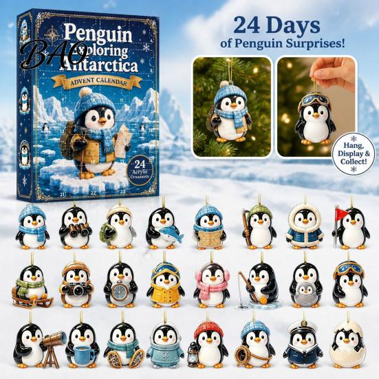 Countdown to Christmas Antarctic Penguin Advent Calendar, 24-Day Winter Box with Cute Festive Home Ornament Explorer Ornaments, 2D Acrylic Hanging