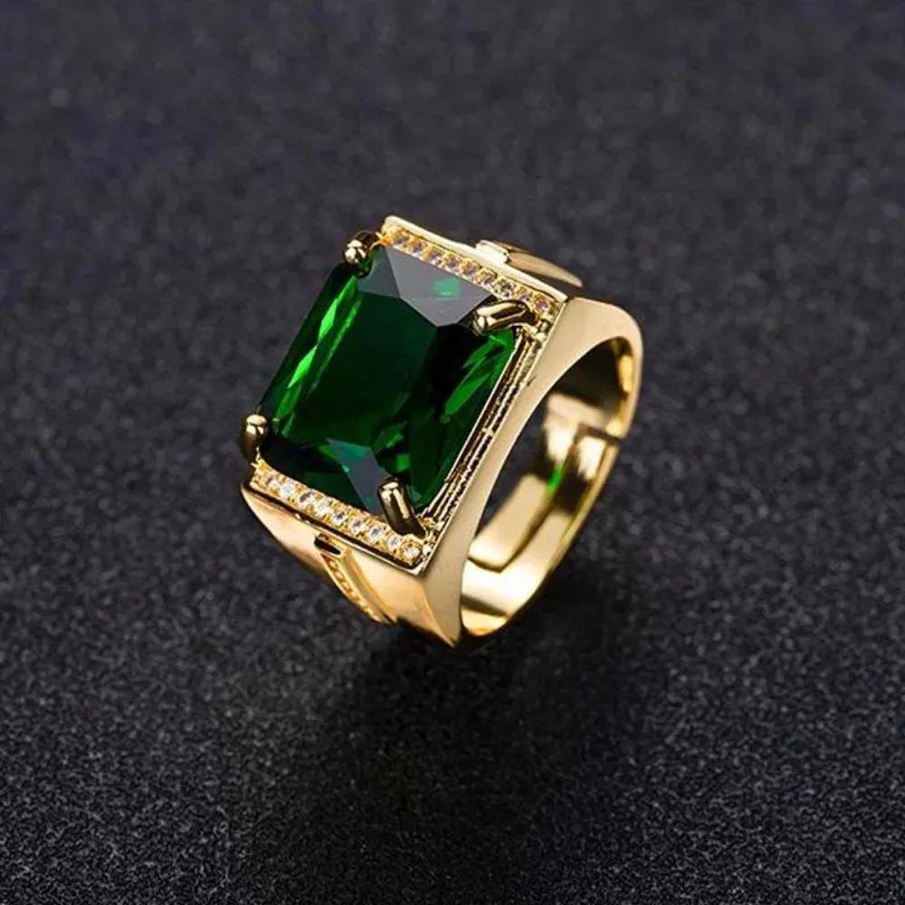 

Popular Emerald Rings Men s Jewelry Retro Style Square Ethnic Rings 14k Gold Color Open Green Diamond Ring for Gift Box resizable