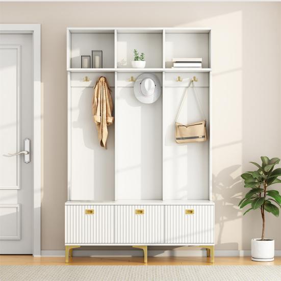 Wardrobe Set with Bench, Multifunctional Storage Bench, Open Storage, 6 Golden Hooks And Feet, Suitable for Hallway, Living Room, White