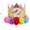 Baby Princess Glitter Gold Crown, 2st Birthday Party Hat Gold with Mix Rainbow Color Flowers