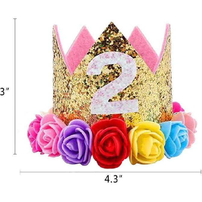 Baby Princess Glitter Gold Crown, 2st Birthday Party Hat Gold with Mix Rainbow Color Flowers