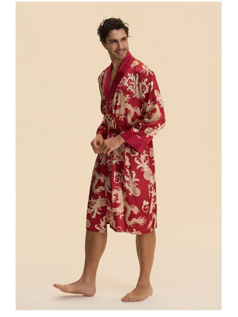 Yaoting Men's Long Sleeve Silk Pajamas and Bathrobe Set, Ice Silk Loungewear