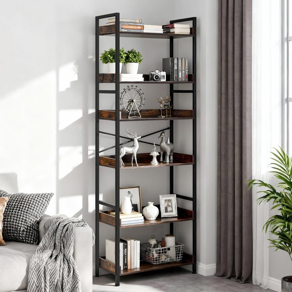 Industrial Bookshelf, 6-Tier, Vintage Ladder Shelf Bookshelves and Bookcases, with Metal Frame, Book Organizer with Open Shelves, for Living Room,