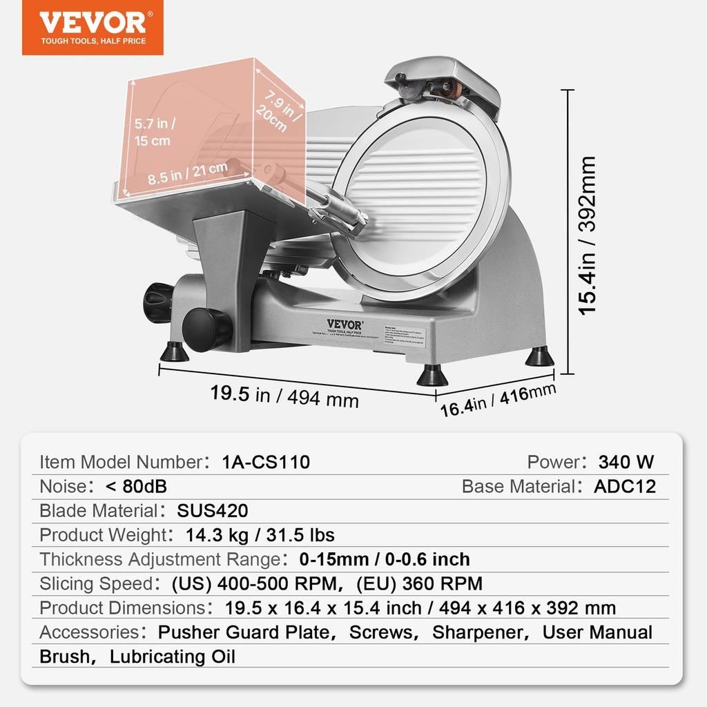 Meat Slicer, 340W Electric Deli Food Slicer with 10" SUS420 Stainless Steel Blade and Built-in Sharpening Stone, 0-0.6 Inch Adjustable Thickness for