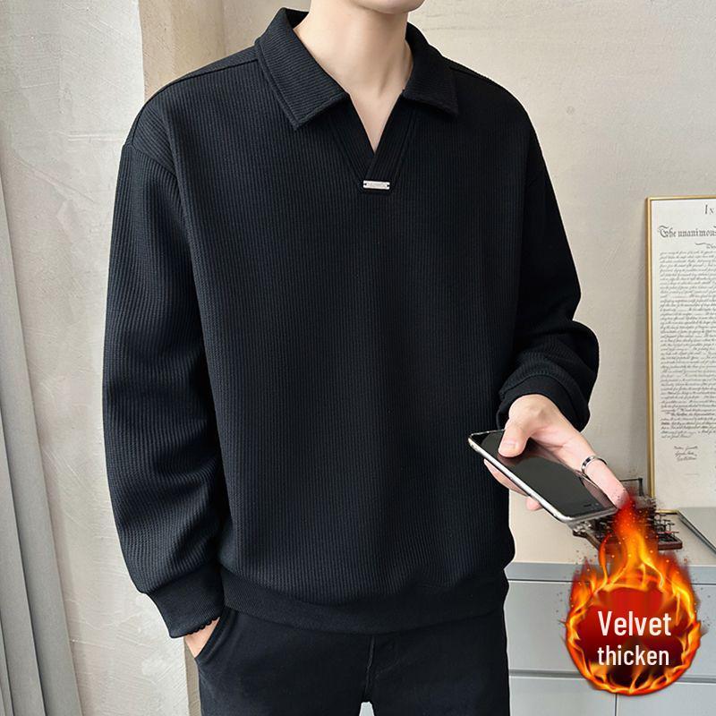 Men's Trendy V-Neck Fleece-Lined Polo Sweatshirt - Autumn/Winter 2025 Collection