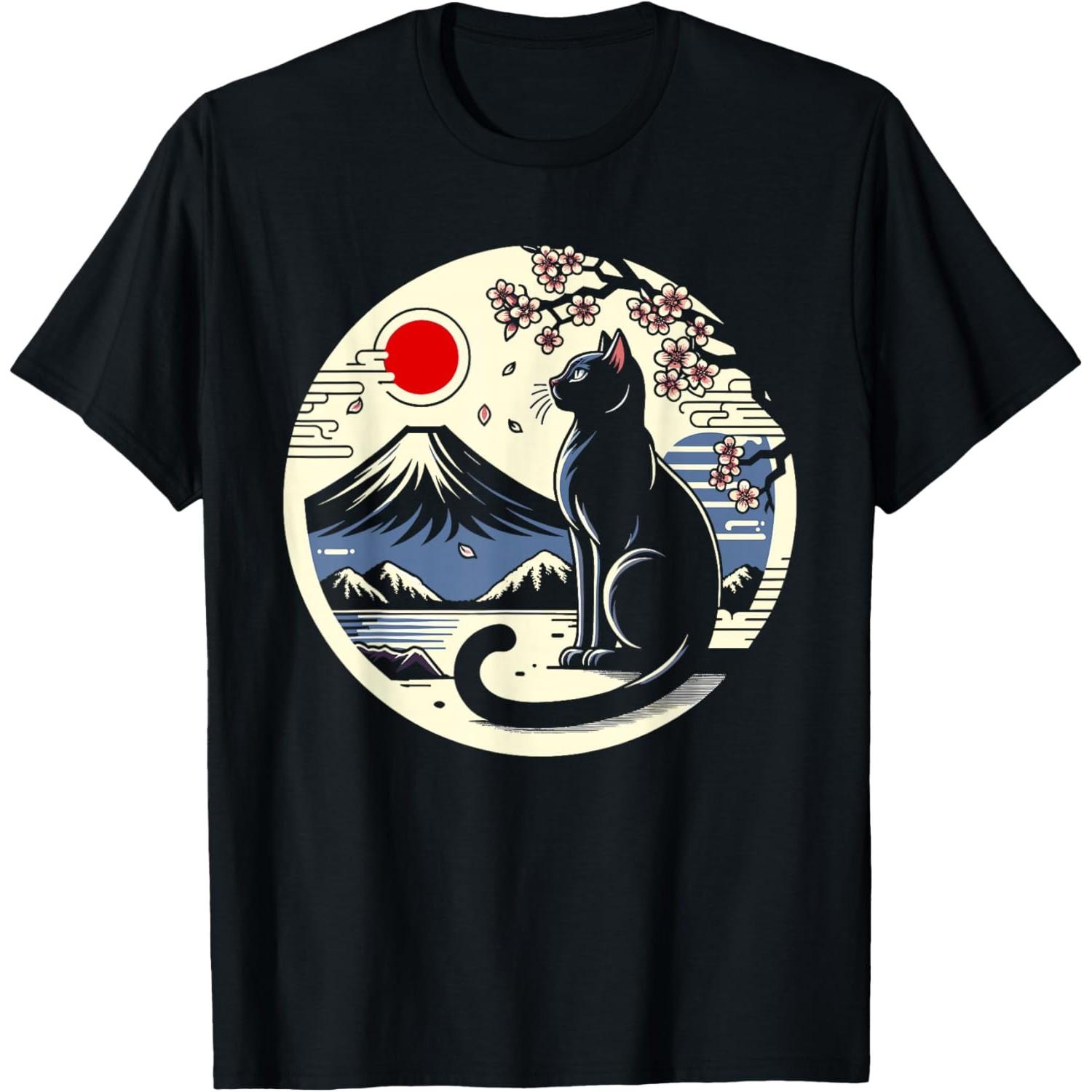Black Cat Japanese Mount Fuji Graphic T-Shirt Breathable Cotton Retro Style Tee for Men S