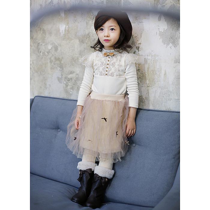 Girls' Thickened Lace Beaded Warm Fleece-lined Winter T-shirt