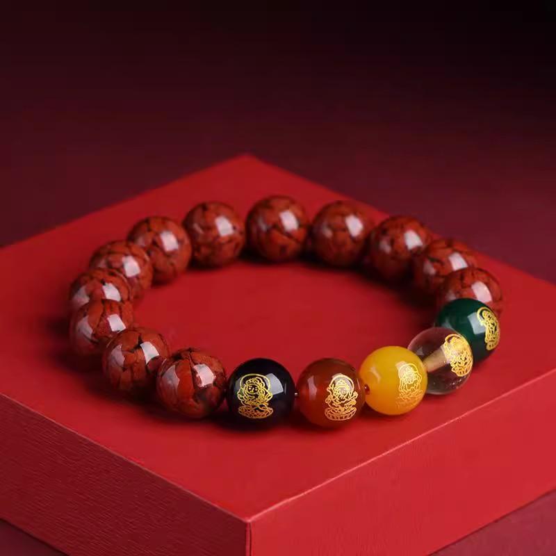 Pulsera de la Fortuna de Cinco Vías de Cinabrio Cristalino, Cuentas Grandes de Piedra Natural, Cuentas de Buena Suerte, Joyería de Regalo para Parejas del Zodiaco
