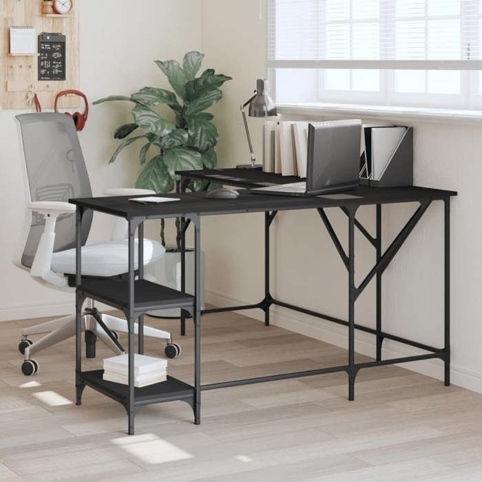 VidaXL Bureau, Table d'Ordinateur avec Étagères, Bureau d'Ordinateur avec Pieds, Table d'Écriture Chambre, Industriel, Noir 837587
