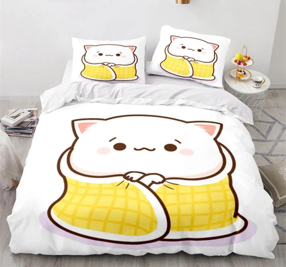 Peach Cat Bedding Quilt Cover Set 3Pcs Bedding Set Goma Cute Cats Duvet Cover Infantil Bedclothes Single Double Queen King Size