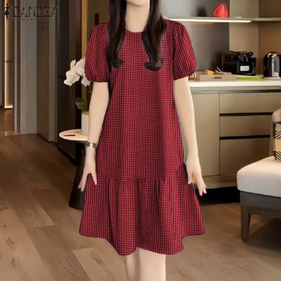 Women Casual Round Neck Grid Print Summer Short Sleeve Dress