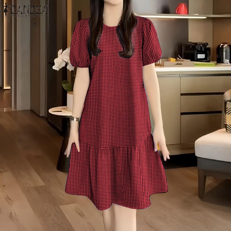 ZANZEA Women Casual Round Neck Grid Print Summer Short Sleeve Dress