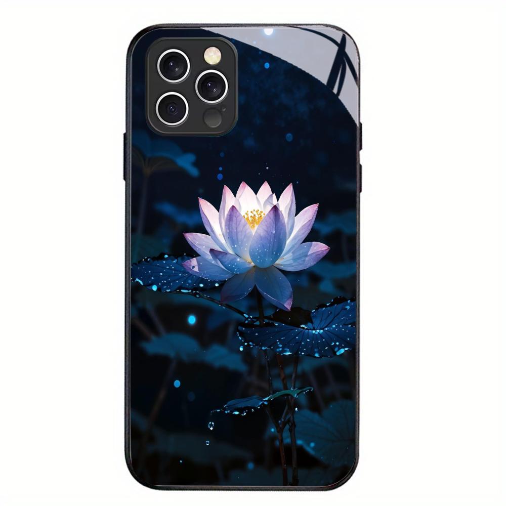 Lotus Black Tempered Glass Case For iPhone 17 16 15 14 13 12 Pro Max Shockproof Anti Fingerprint Phone Back Cover Hard Shell