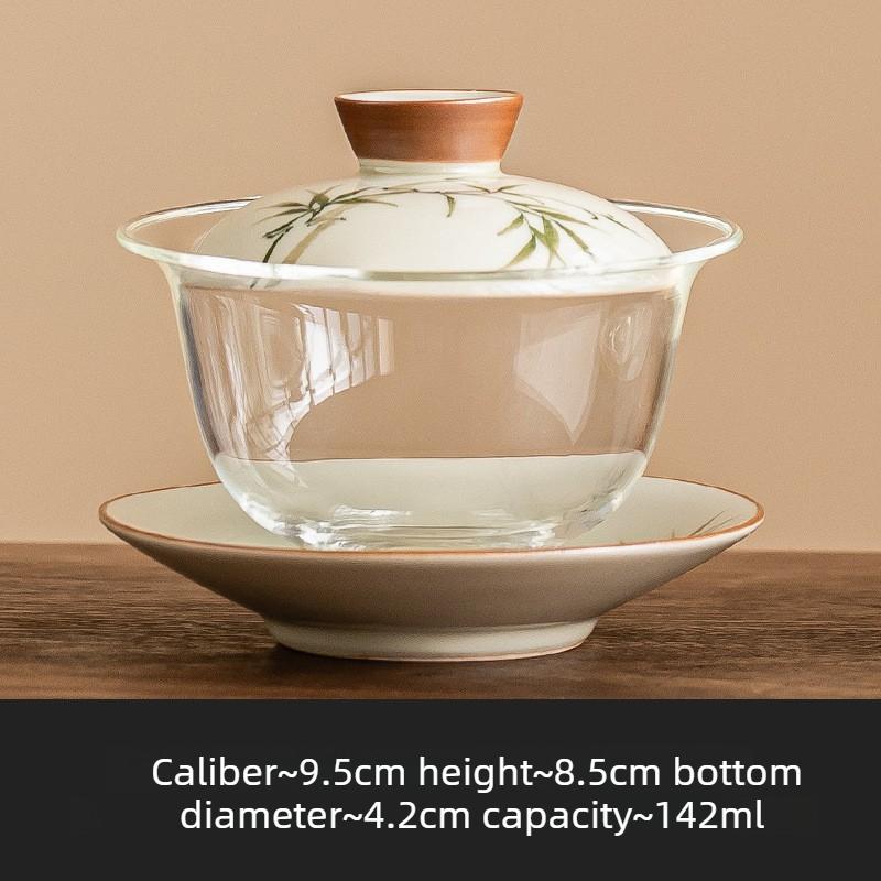 Hand drawn emerald green bamboo tea bowl with lid, home kung fu tea bowl, glass tea set, ceramic three piece lid bowl