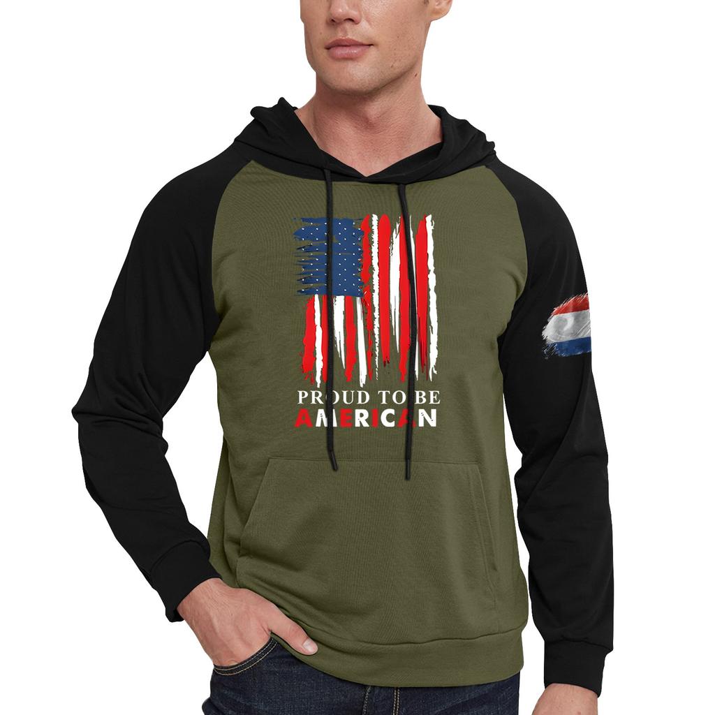 Herren Lässiges Kapuzen-Sweatshirt mit Kordelzug, lang, mit Flaggen-Print und Taschen