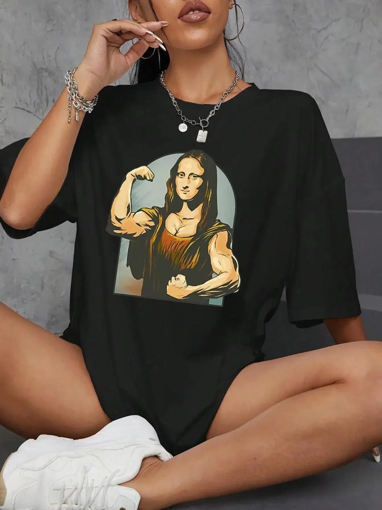 Playing Pranks on Mona Lisa Fitness Print Womens Unisex T Shirt Casual T-Shirt Casual Short Sleeve Loose Tshirt