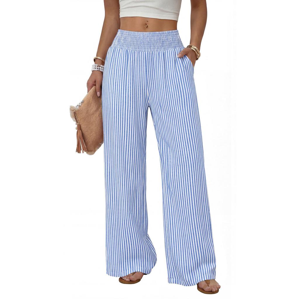 Women's Casual Loose Fit High Waist Striped Wide Leg Pants with Pockets Elastic Waistband Comfortable Long Trousers for Everyday Wear