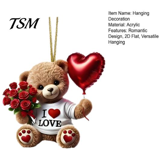 Clear Printed Acrylic Charm Teddy Bear Hanging Ornament, Holding Heart Balloon Red Rose Bouquet Decoration, Cute Backpack Car Rearview Mirror 2D Flat