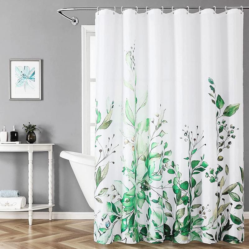 Emerald Green Eucalyptus Shower Curtain Fabric, Watercolor Plant Leaves with Floral Bathroom Shower Curtain Set with Hooks