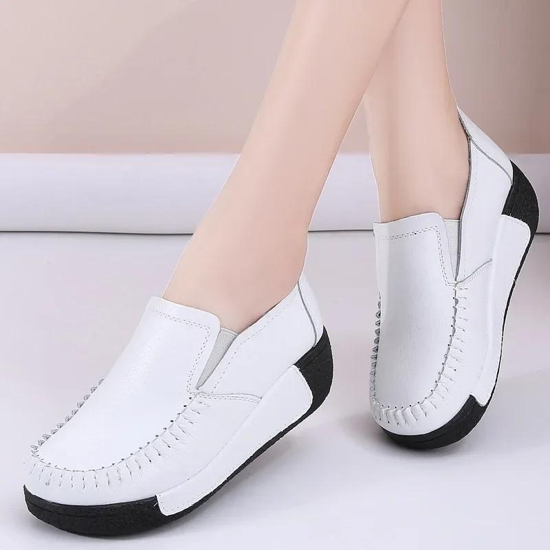 Fashion Spring and Summer Women Shoes Slip on Genuine Leather Sneaker Fashion Thick-soled Rocking Shoes Platform Wedge Loafers for Women