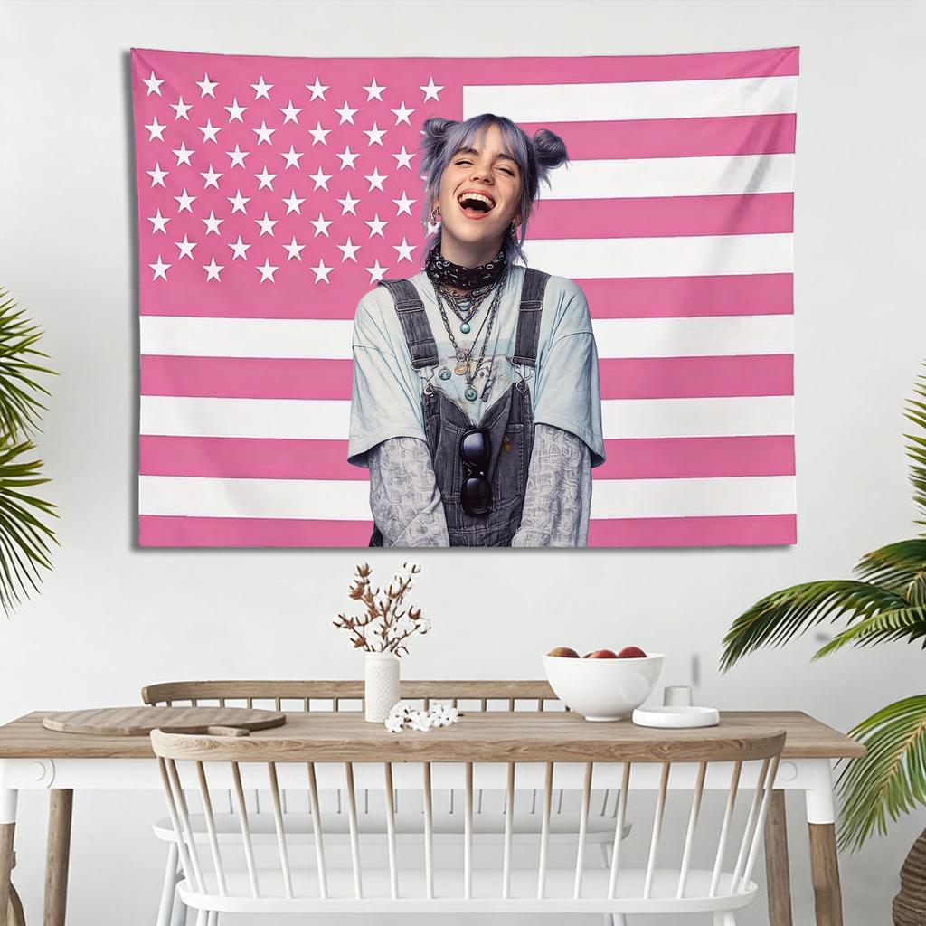 Billie Eilish Rosa Amerikanische Flagge Wandteppich, Lustiges Ästhetisches Wandbanner, Für Schlafzimmer Wohnheim College Party Dekoration