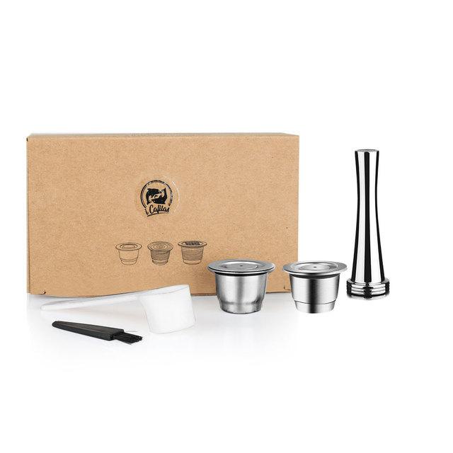 Edelstahl-Kaffeefilter für Nespresso-Kapseln mit Pulverhammer – kompatibel mit Nestlé-Pads 2 capsules + powder hammer + spoon brush
