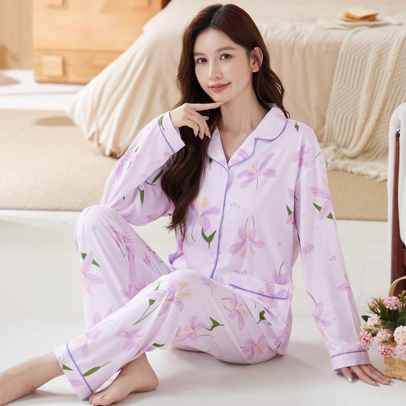 Elegant romantic floral pajamas women's spring and autumn imitation cotton long-sleeved thin high-end large-size loungewear