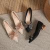 Fashion Women's Summer Pointed Toe Thick Heel 2025 New Bowknot Rhinestone Shallow Mouth Large Size Slip On Low Heels Women's Shoes