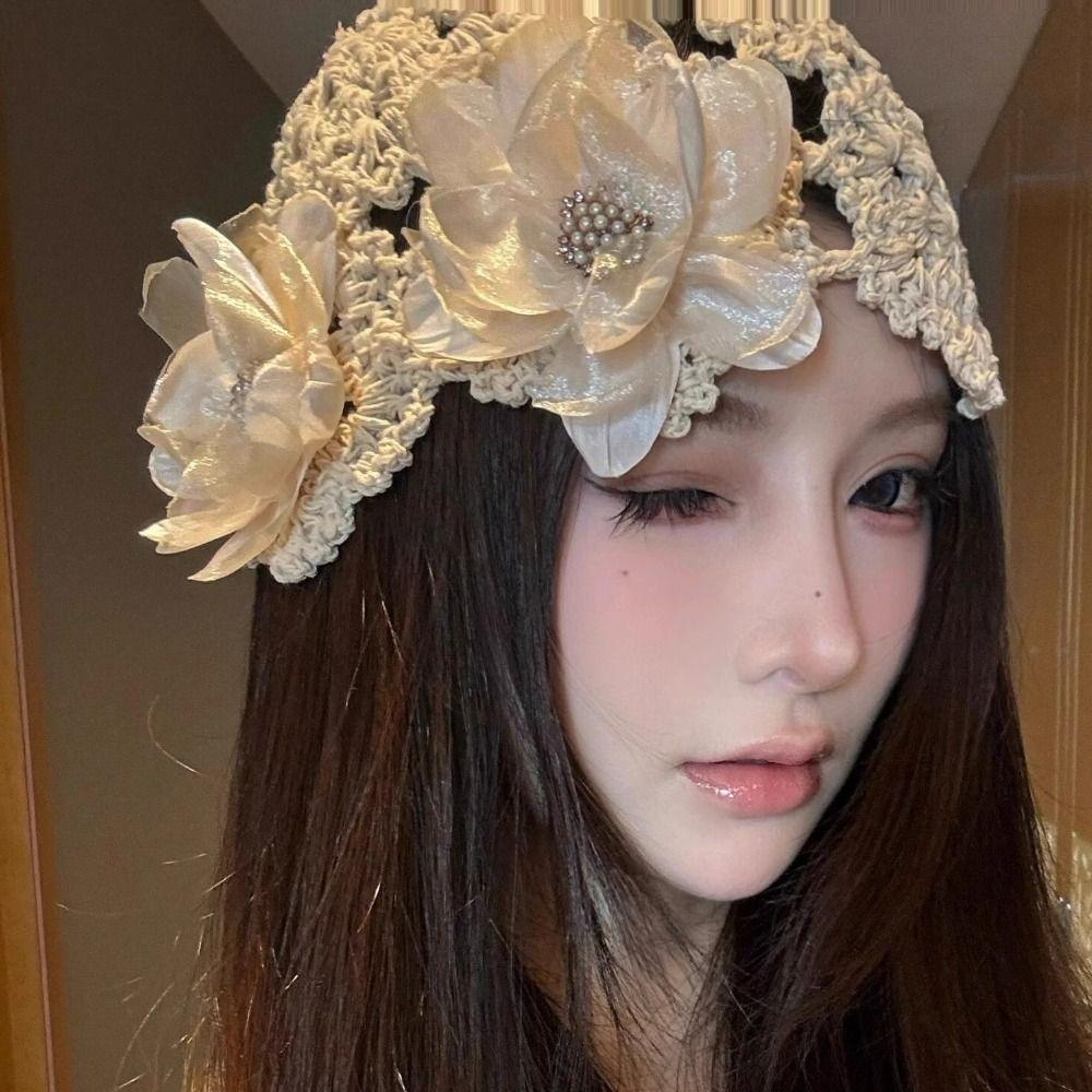 Retro Pearl Hollowed Out Knitted Hat Floral Thin Bohemian Style Beanies Korean Elegant Weave Cap Outdoor