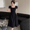 Elegant Korean-Style Pleated Summer Midi Dress with Square Neck and Waist-Cinched A-Line Skirt