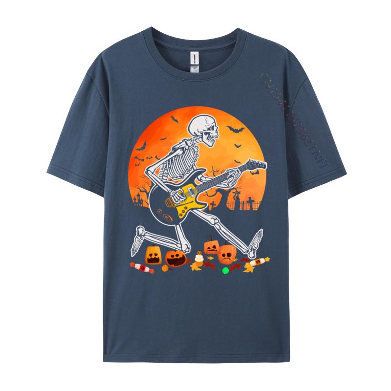 Skeleton Playing Bass Guitar Halloween T Shirt Normal Fall Retro Funny Pure Cotton Camisa Mens Tshirts Funny Clothing