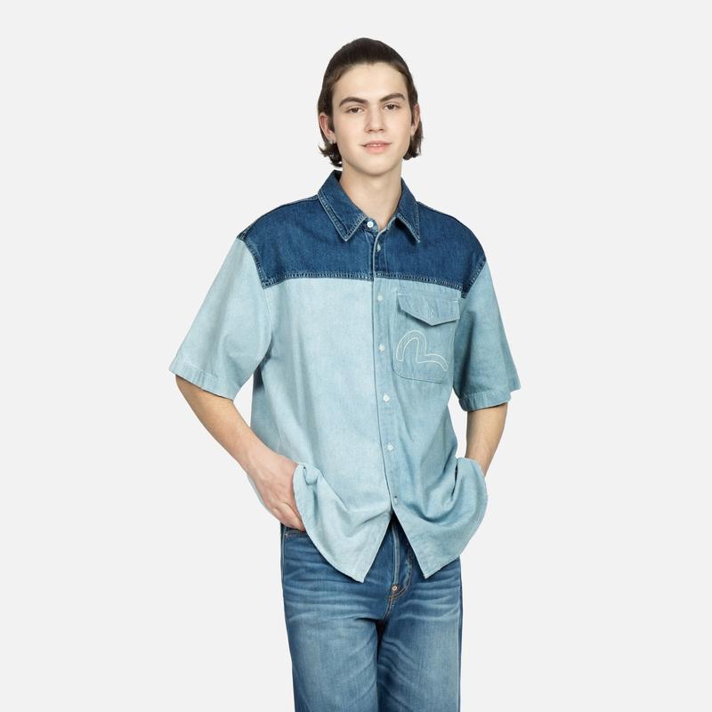 Evisu Patchwork Logo Printed Floral Short Sleeve Shirt Men shirts Denim-Blue 2ESHTM3SS118LFDN