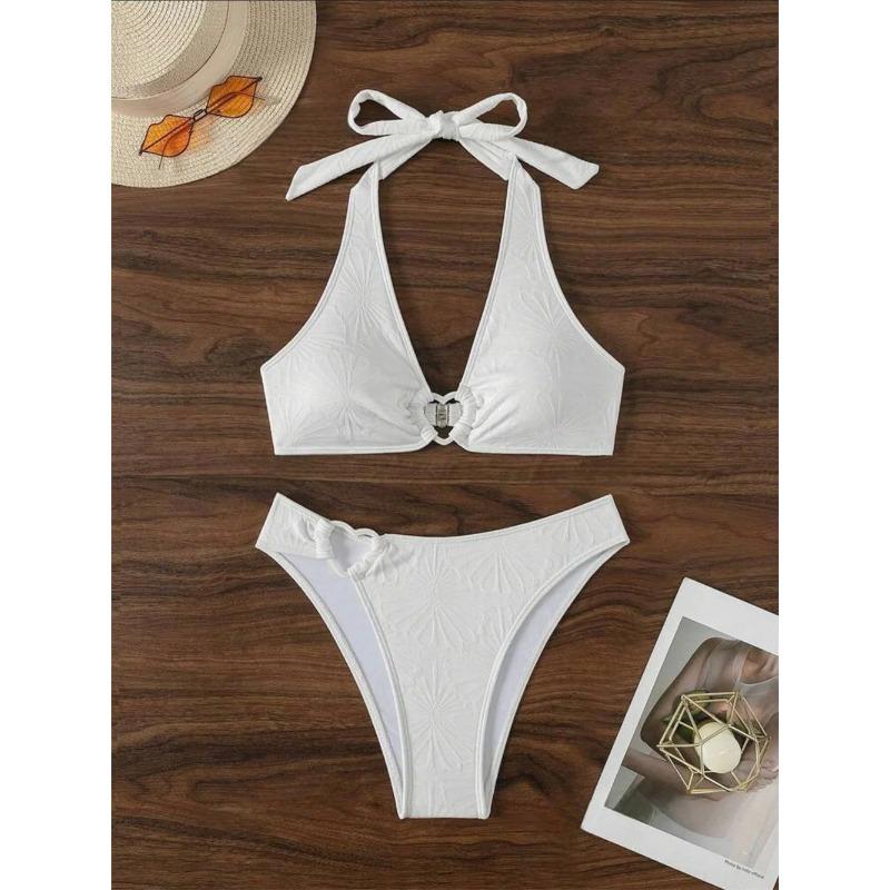 

Белый жаккардовый купальник-бикини с цветочным узором и сердечками в стиле Y2K, треугольный топ-халтер на завязках, пуш-ап, стринги, женский купальник без спинки, пляжный комплект для отпуска S белый