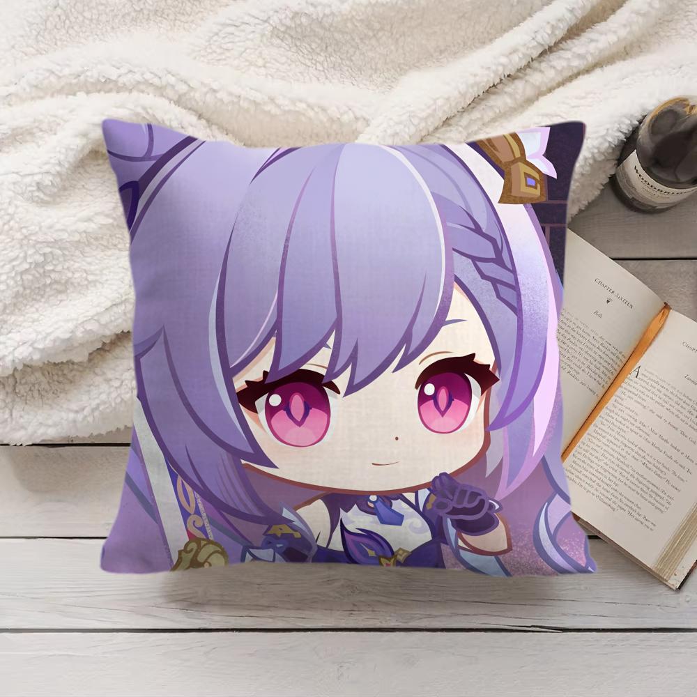 Keqing Cute Genshin Impact Cushion Cover Silky Short Plush Invisible Zipper Dustproof Sofa Pillow Case For Home Decor