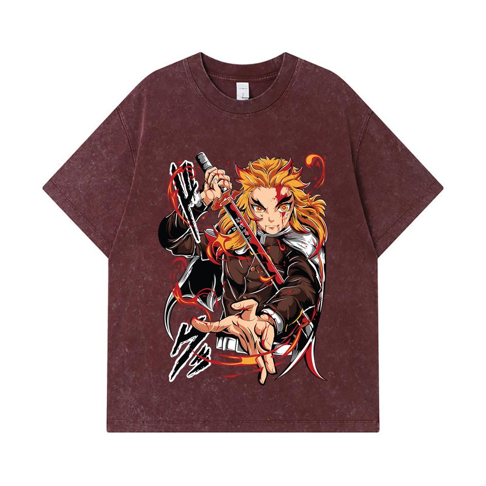 275 GSM Washed T-shirts 100% Cotton Demon Slayer V85 Rengoku Print Unisex Heavy Cotton T Shirt