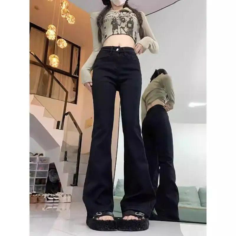 Autumn and Winter Velvet Black Micro-pull Jeans Women's New Slim-fitting and Thin Flared Pants High-waisted Versatile Horseshoe Pants