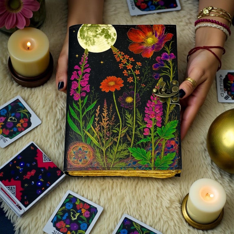Diario Fiorito con Luna in Pelle Fatto a Mano | Quaderno Vintage con Bordi Strappati 5x7" | Diario del Giardino Botanico con Lucchetto
