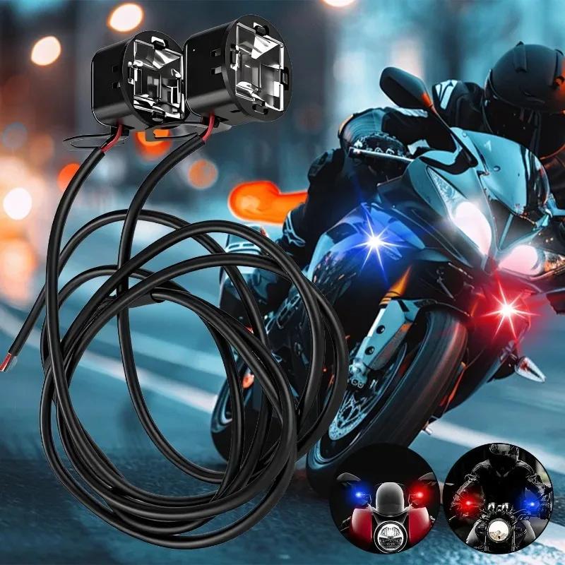 2PCS/Set Motorcycle LED Red and Blue Blinking Decorative Light Mini Mirror Headlight Turn Signal Lights Indicator Flash Lamps