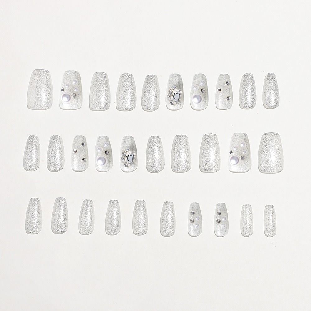 

30pcs/box Super Shiny Big Pearl Diamond Fake Nail Medium Length Nail Tips Press on Nails Girl