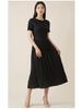 2026 Women's Summer A-Line Dress: High-End, Solid Color, Round Neck, Short Sleeve, High Waist, Slimming Miyake Style.
